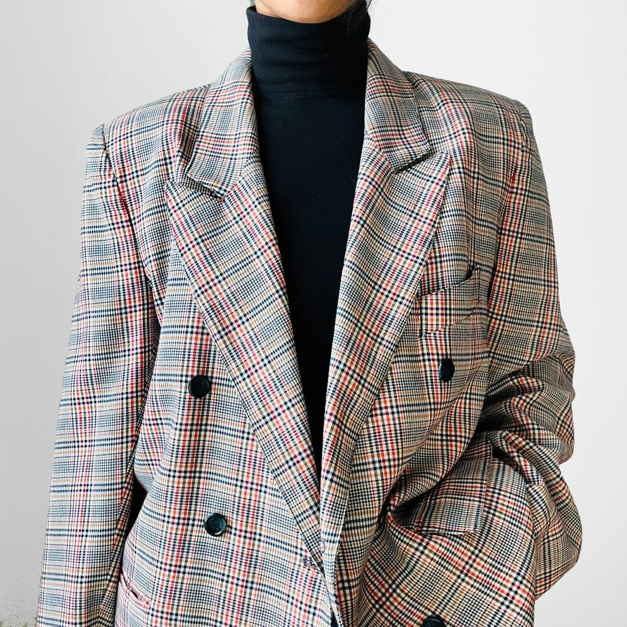 1980s Navy and Red Plaid Wool Double-Breasted Blazer Jacket - Sz. S/M
