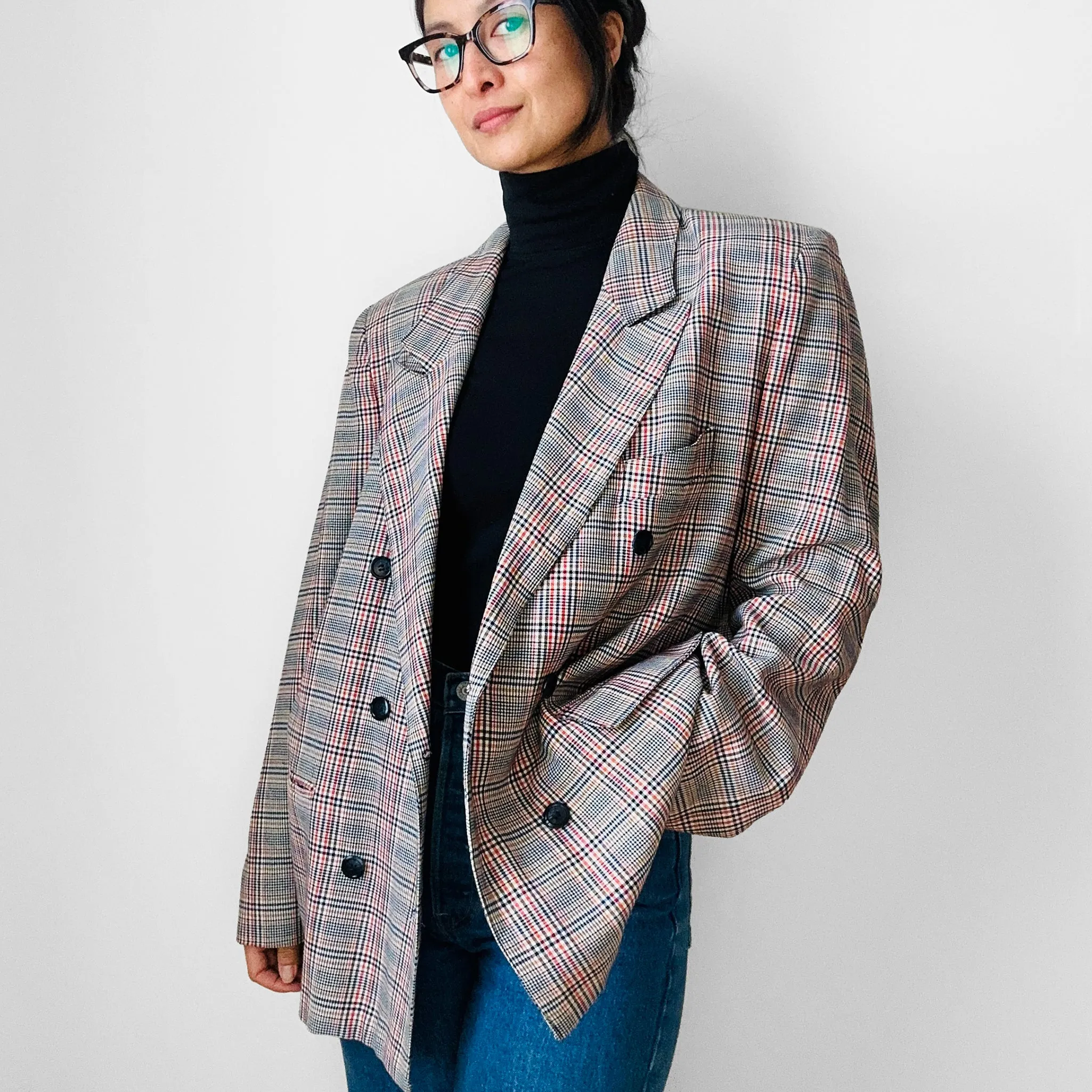 1980s Navy and Red Plaid Wool Double-Breasted Blazer Jacket - Sz. S/M