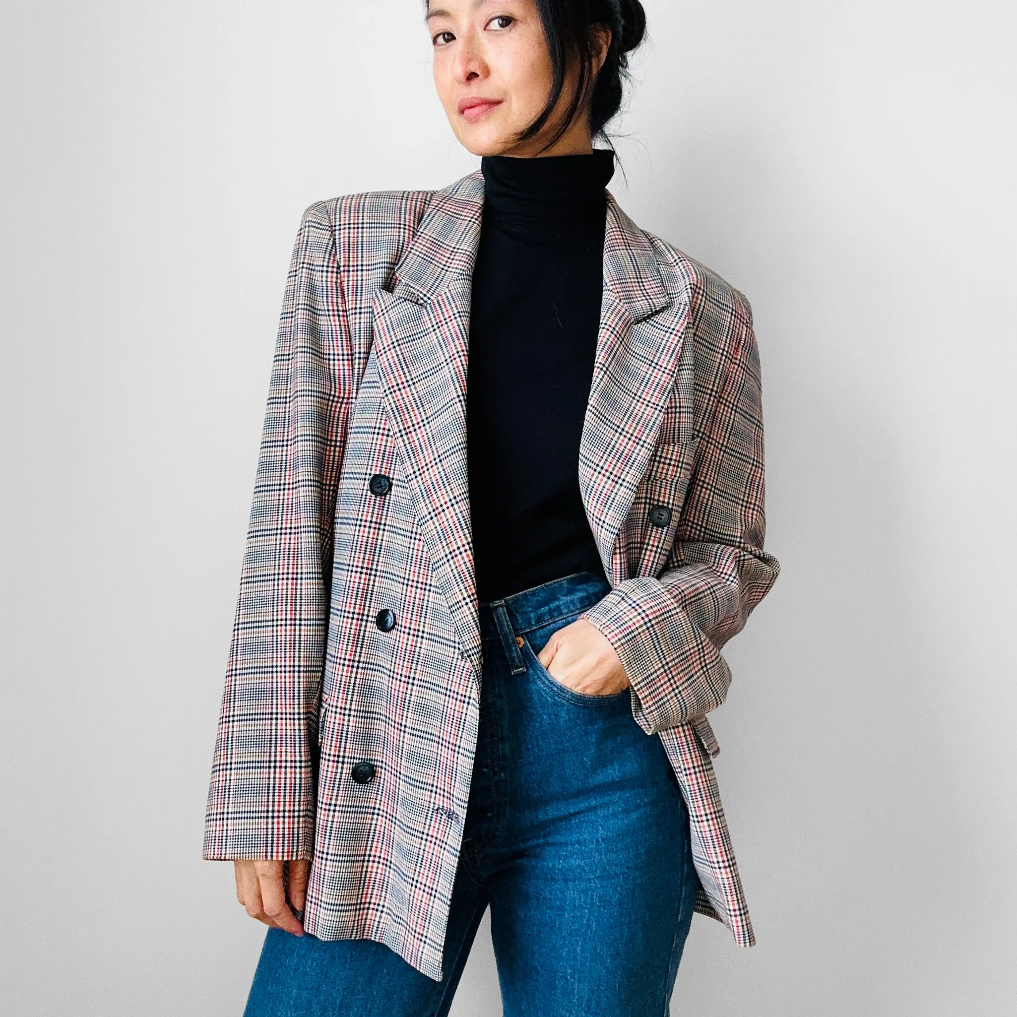 1980s Navy and Red Plaid Wool Double-Breasted Blazer Jacket - Sz. S/M