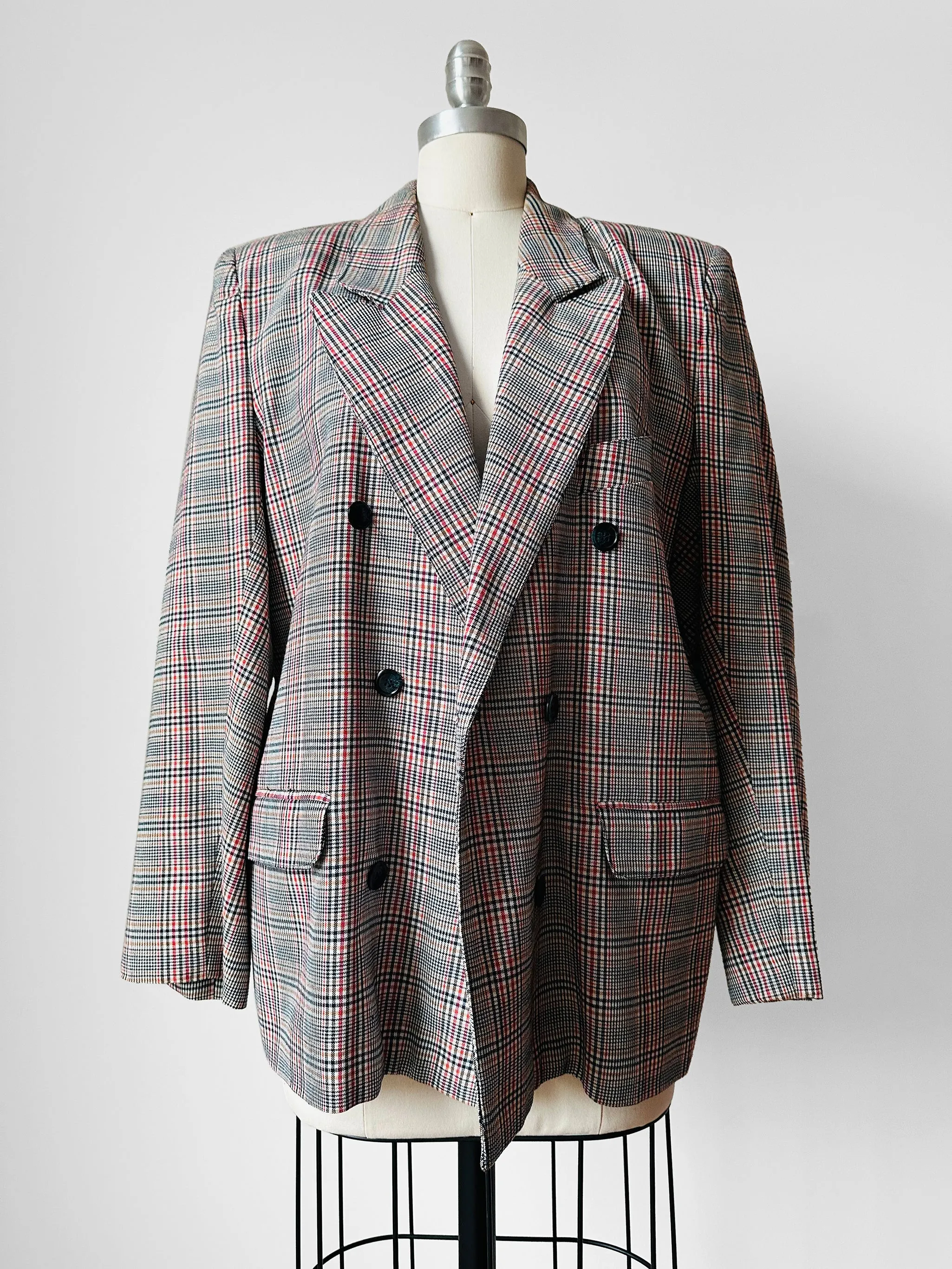 1980s Navy and Red Plaid Wool Double-Breasted Blazer Jacket - Sz. S/M