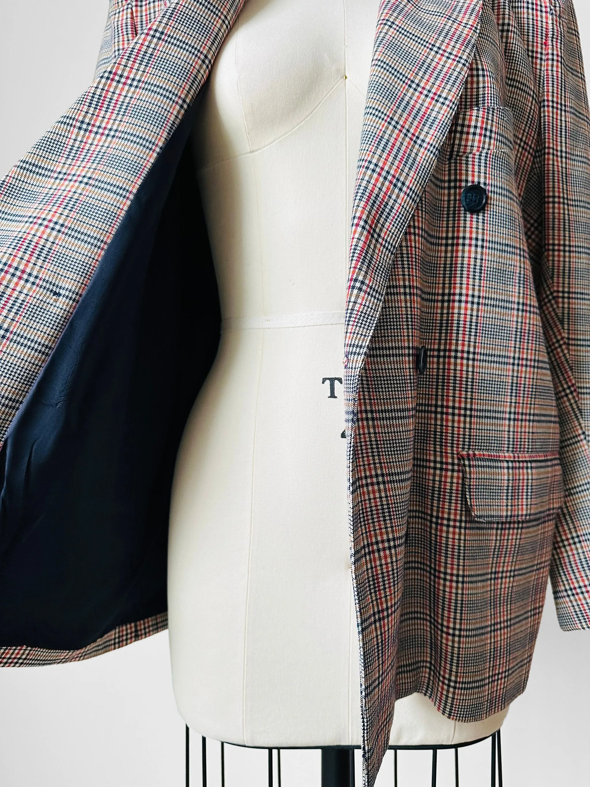 1980s Navy and Red Plaid Wool Double-Breasted Blazer Jacket - Sz. S/M