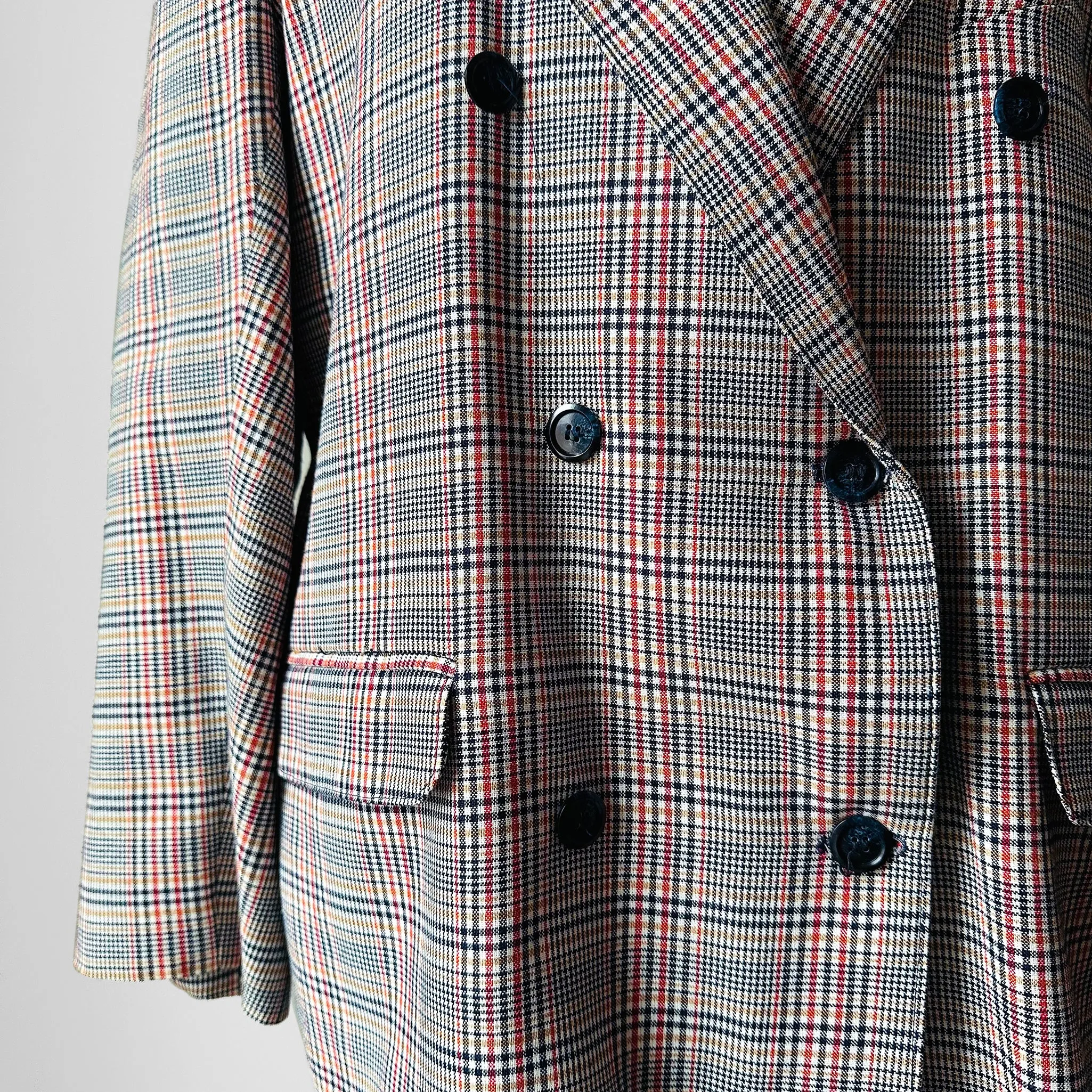 1980s Navy and Red Plaid Wool Double-Breasted Blazer Jacket - Sz. S/M