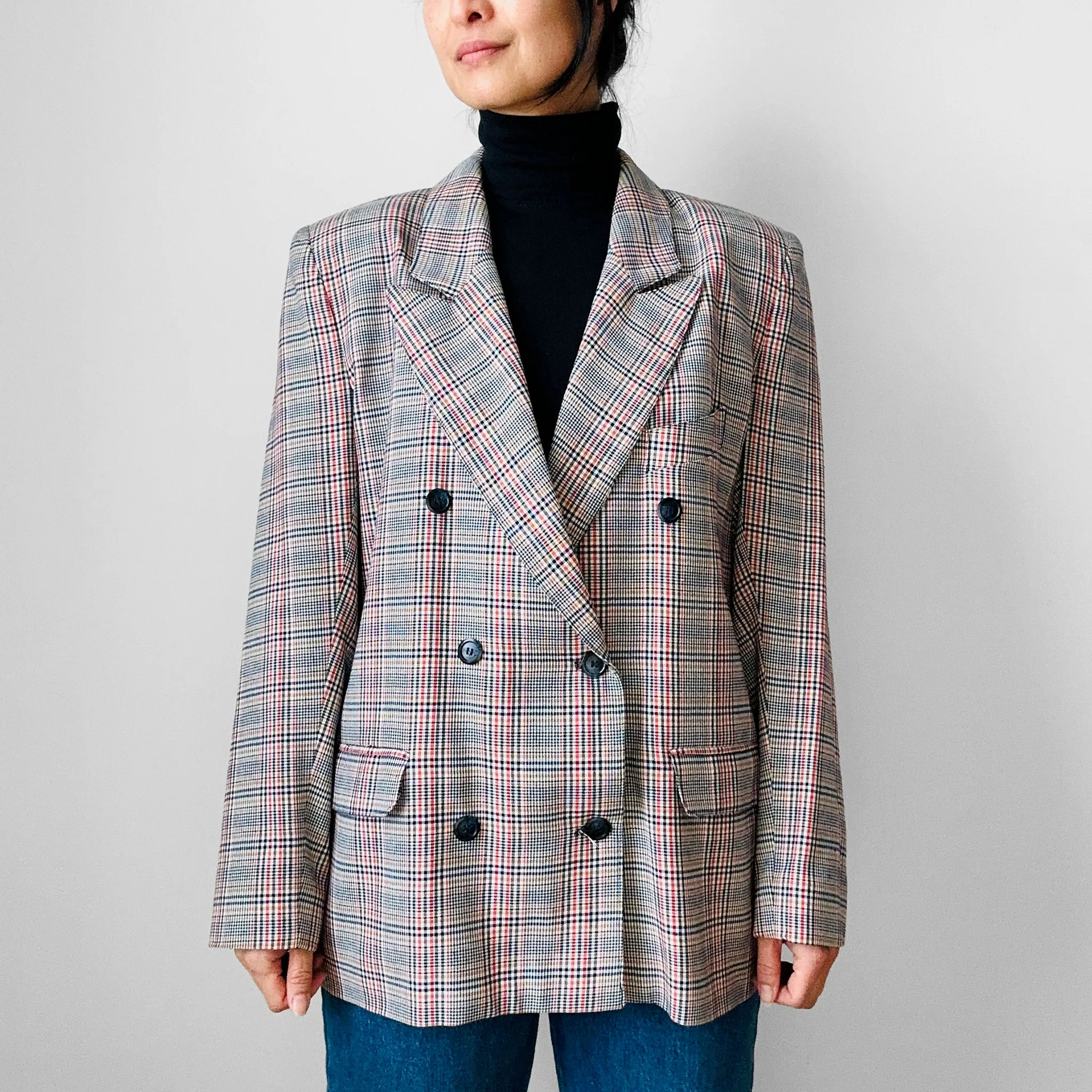 1980s Navy and Red Plaid Wool Double-Breasted Blazer Jacket - Sz. S/M
