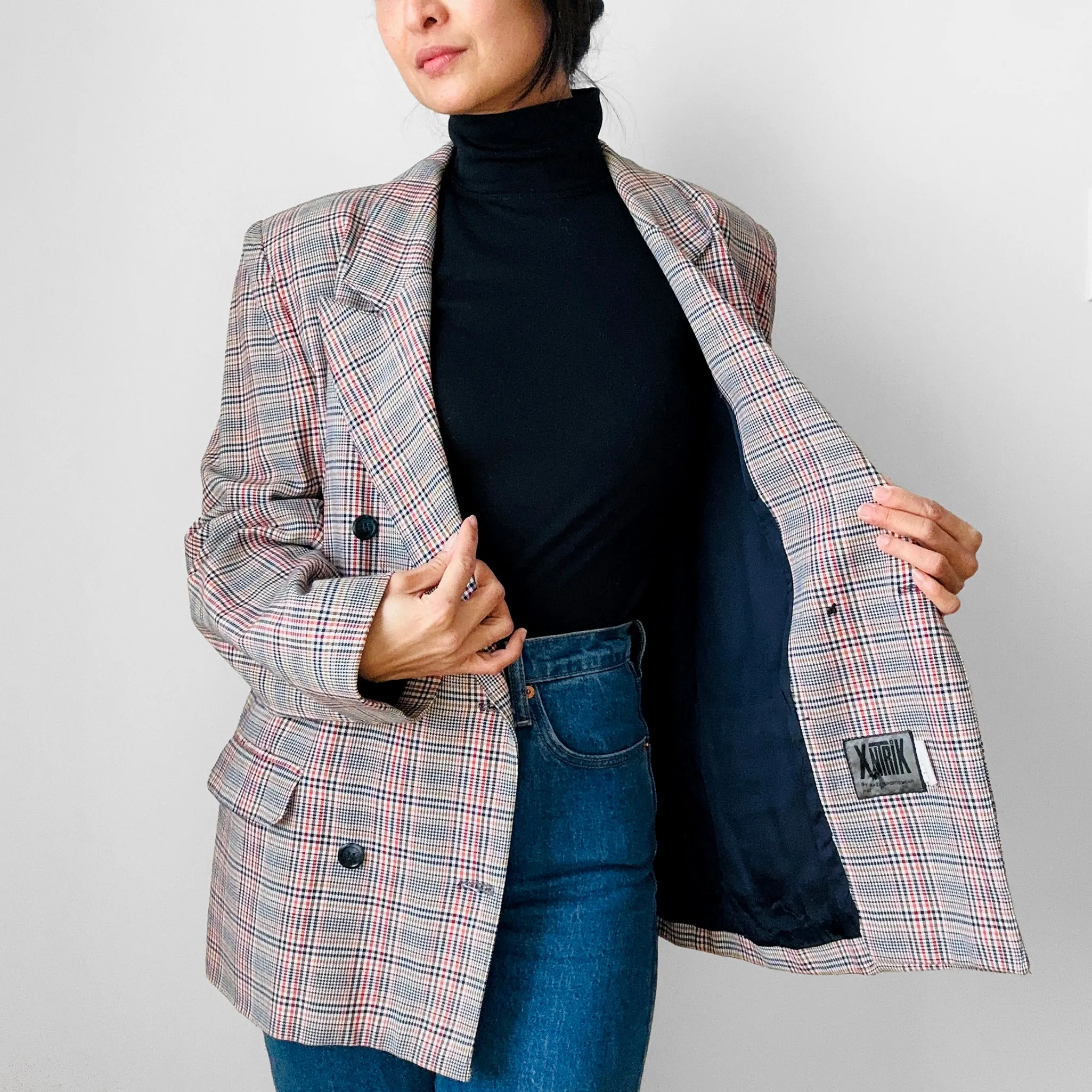 1980s Navy and Red Plaid Wool Double-Breasted Blazer Jacket - Sz. S/M