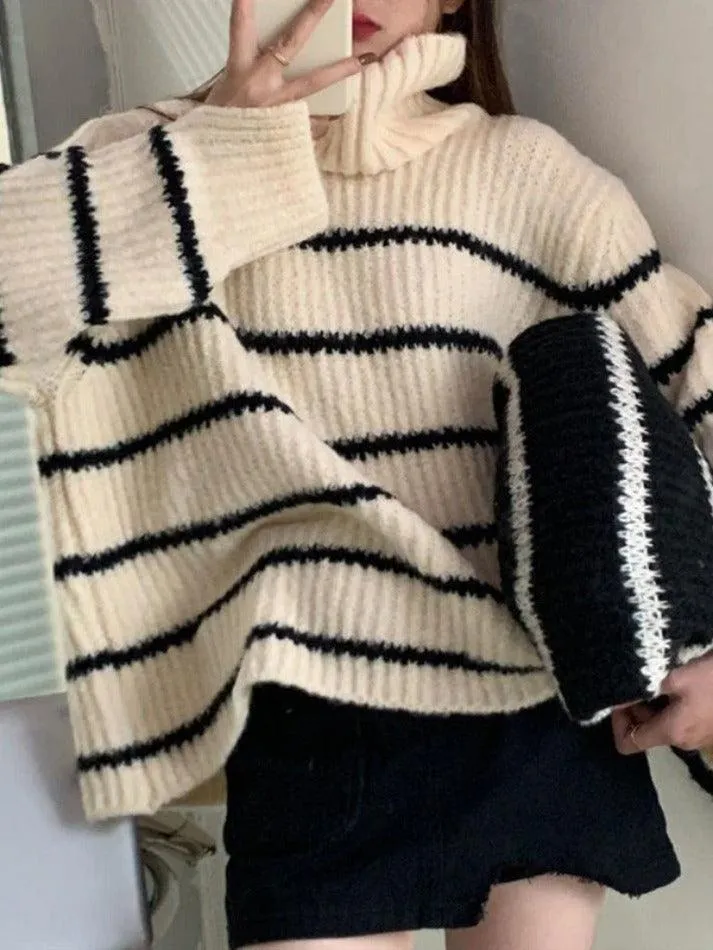 Back To School Sonicelife Turtleneck Striped Knit Sweater