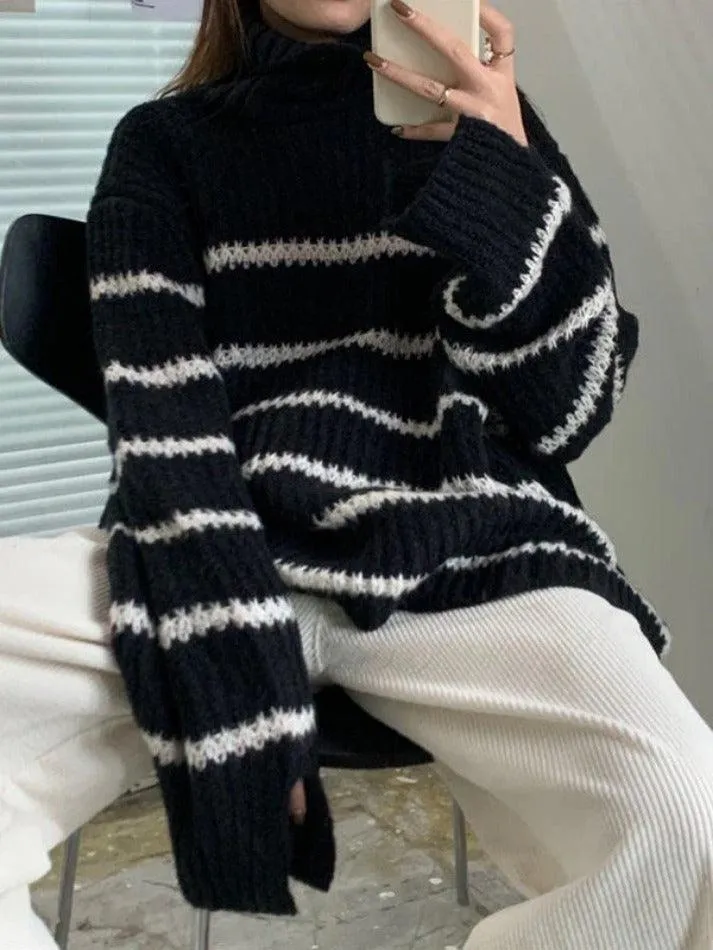 Back To School Sonicelife Turtleneck Striped Knit Sweater