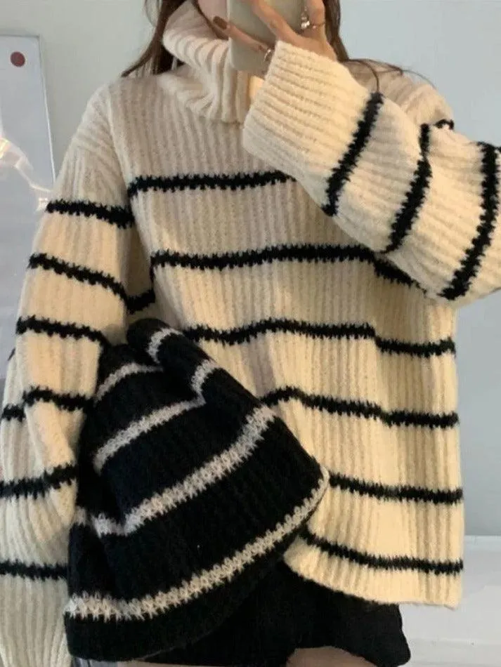 Back To School Sonicelife Turtleneck Striped Knit Sweater