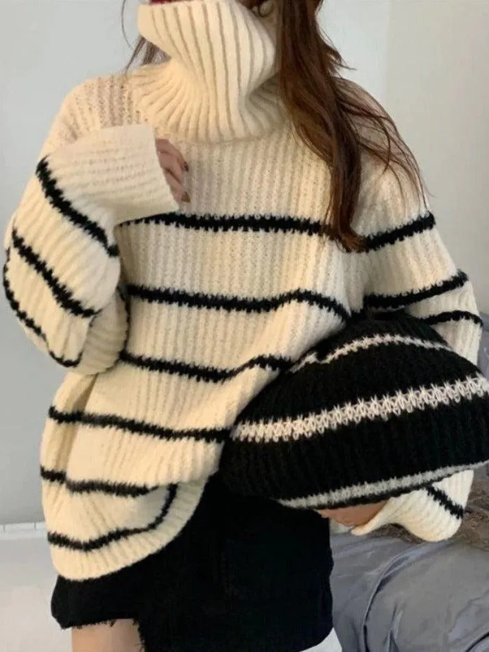 Back To School Sonicelife Turtleneck Striped Knit Sweater