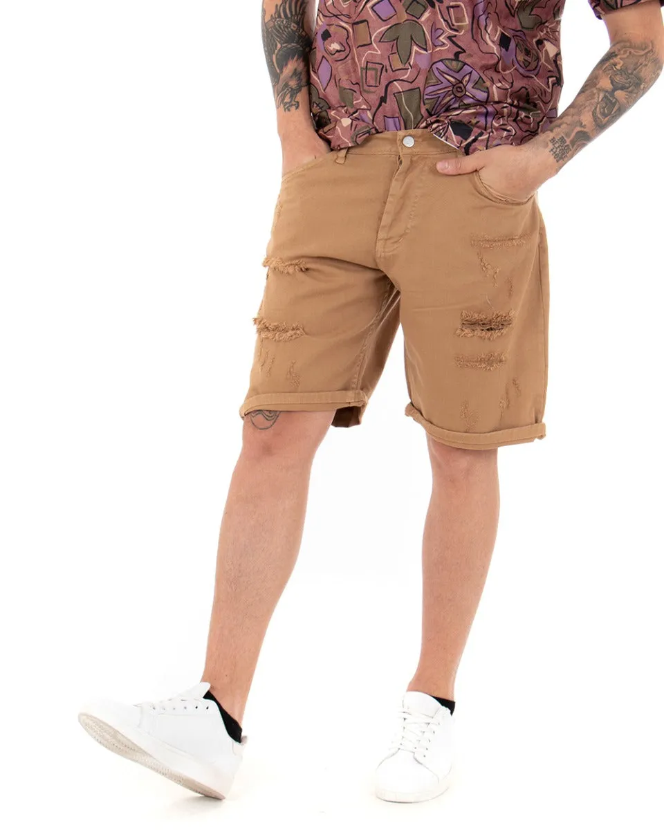 Bermuda Pantaloncino Uomo Corto Tinta Unita Camel Rotture GIOSAL-PC1763A
