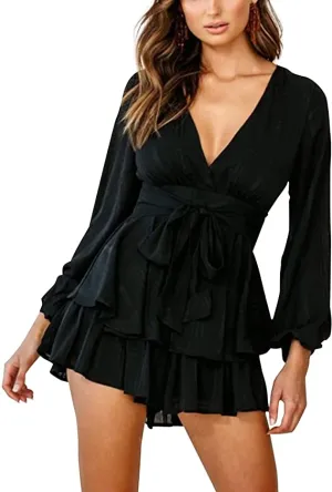 Black 2 Women's Jumpsuit Floral Print V Neck Baggy Sleeve Waist Tie Double Layer Ruffle Hem Short Mini Dress Romper - Relipop