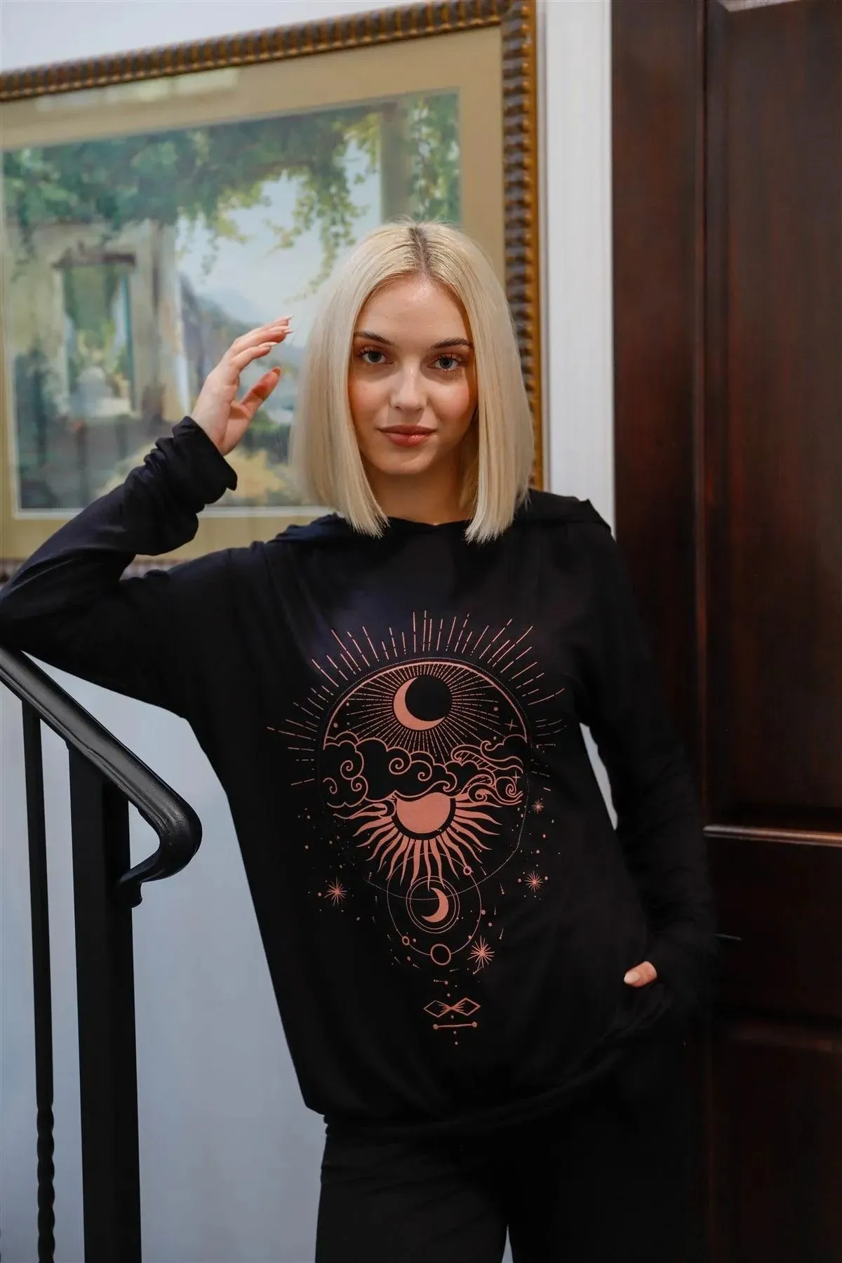 Black & Pink Moon Sun Astronomy Print Hooded Long Sleeve Top & Pants Set /1-1-1