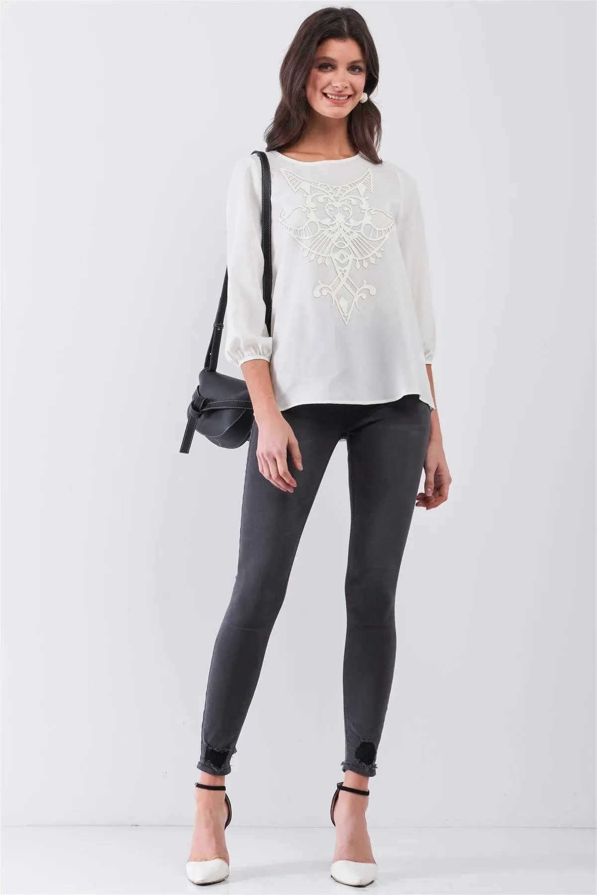 Creme Round Neck 3/4 Puff Sleeve Vegan Leather Front Detail Loose Fit Top