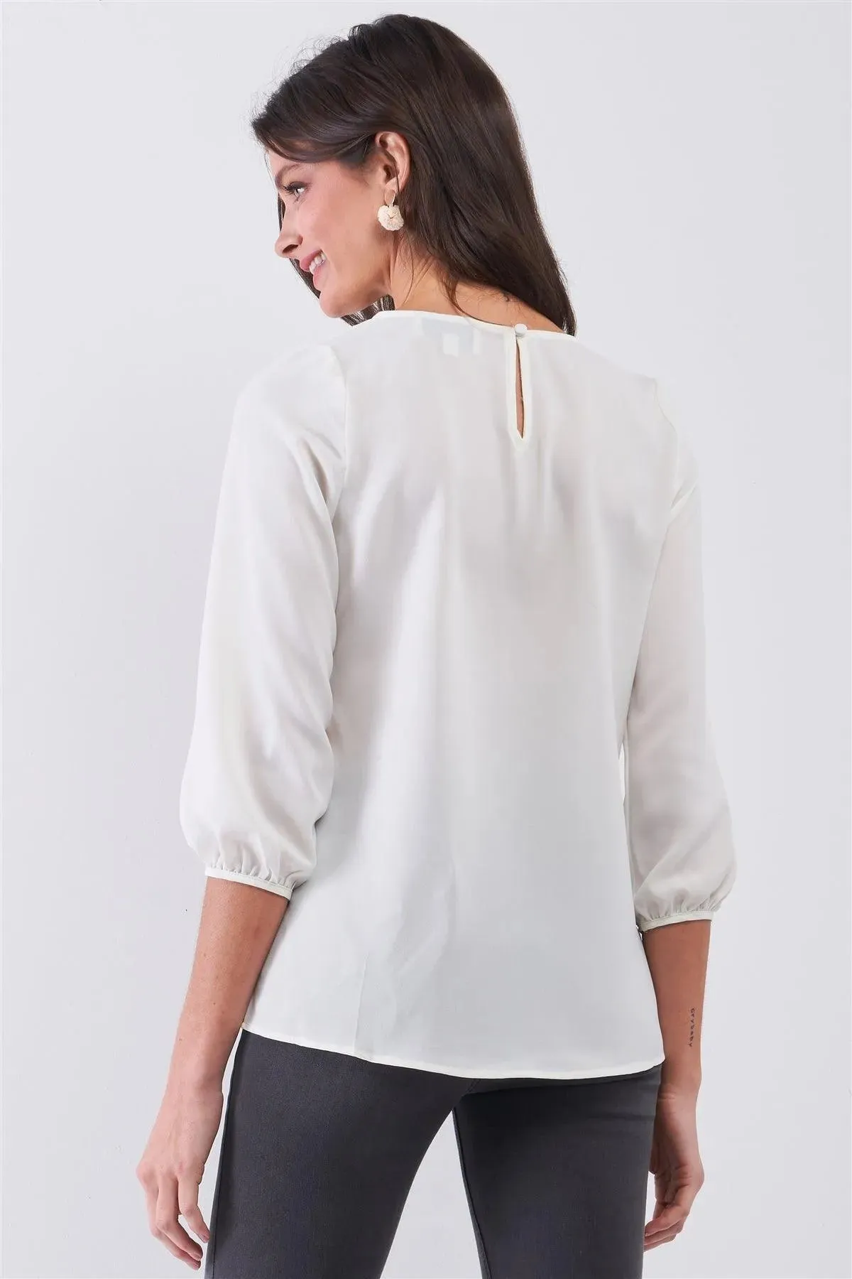 Creme Round Neck 3/4 Puff Sleeve Vegan Leather Front Detail Loose Fit Top