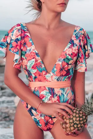 Deep V Neck Floral Print  Beachy One Piece Swimwear