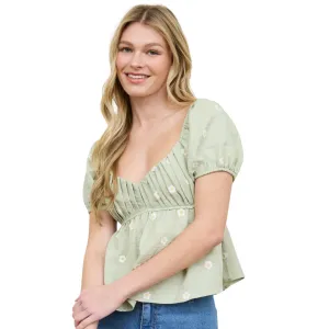 Embroidered Daisy Puff Sleeve Blouse