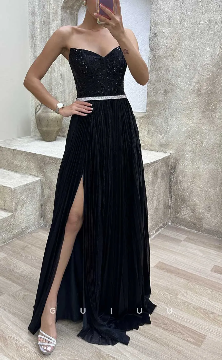 G4172 - Classic & Timeless A-Line V-Neck Beaded and Draped Formal Gown Prom Dress with High Side Slit