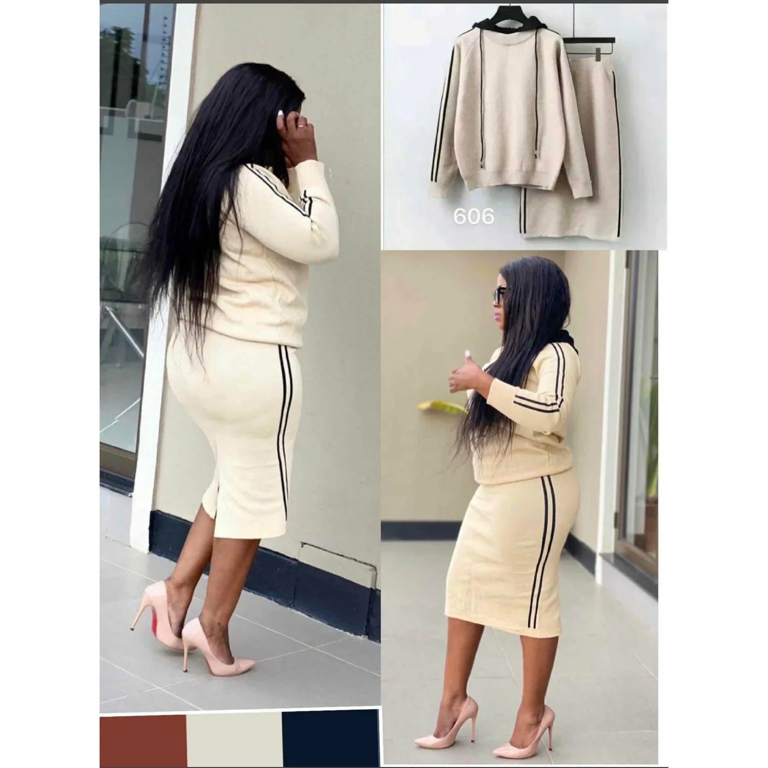 Hooded Top and Skirt Sweater Set 