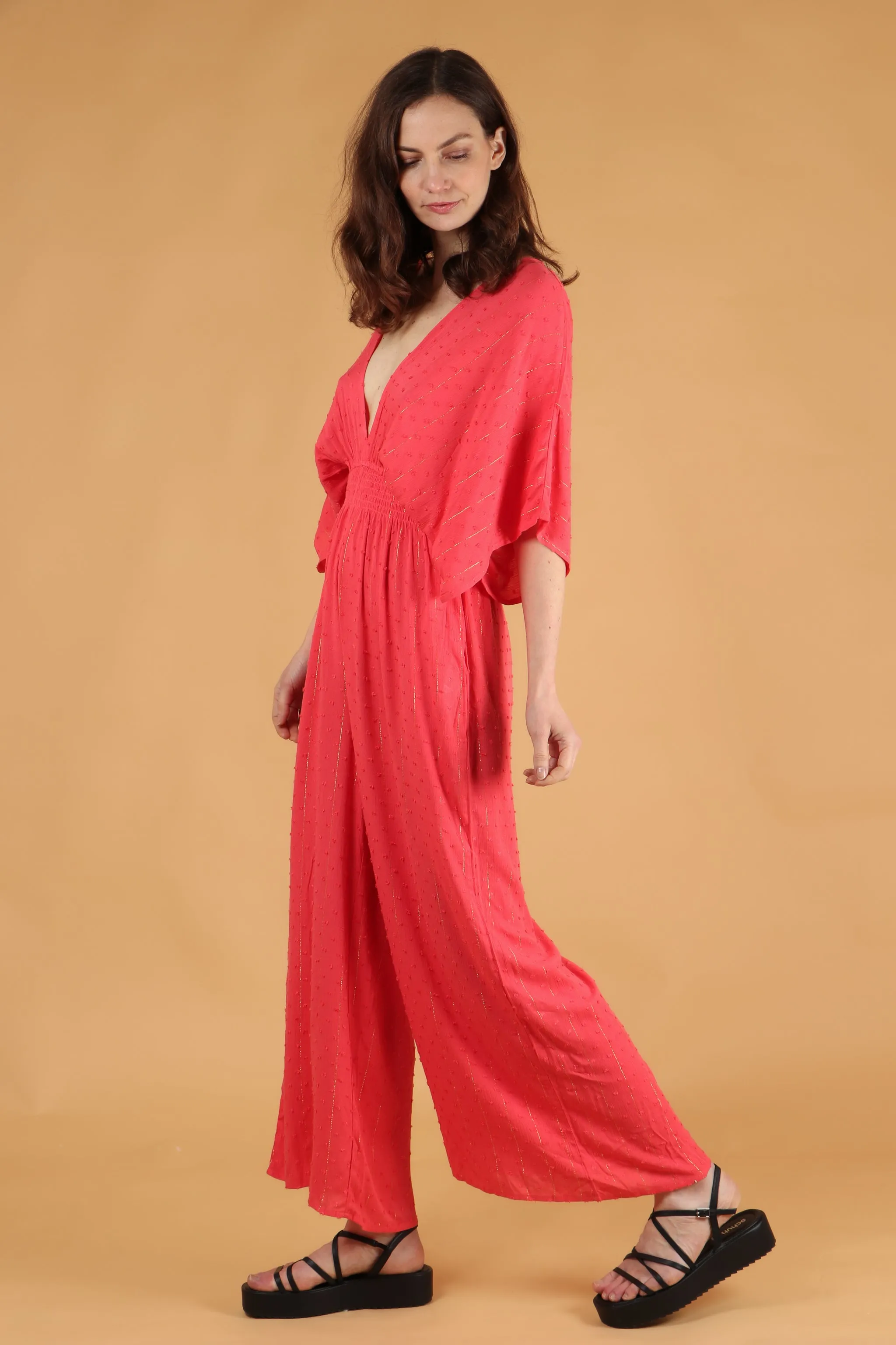 Jilly Deep V Jumpsuit - Coral, Dobby Stripe
