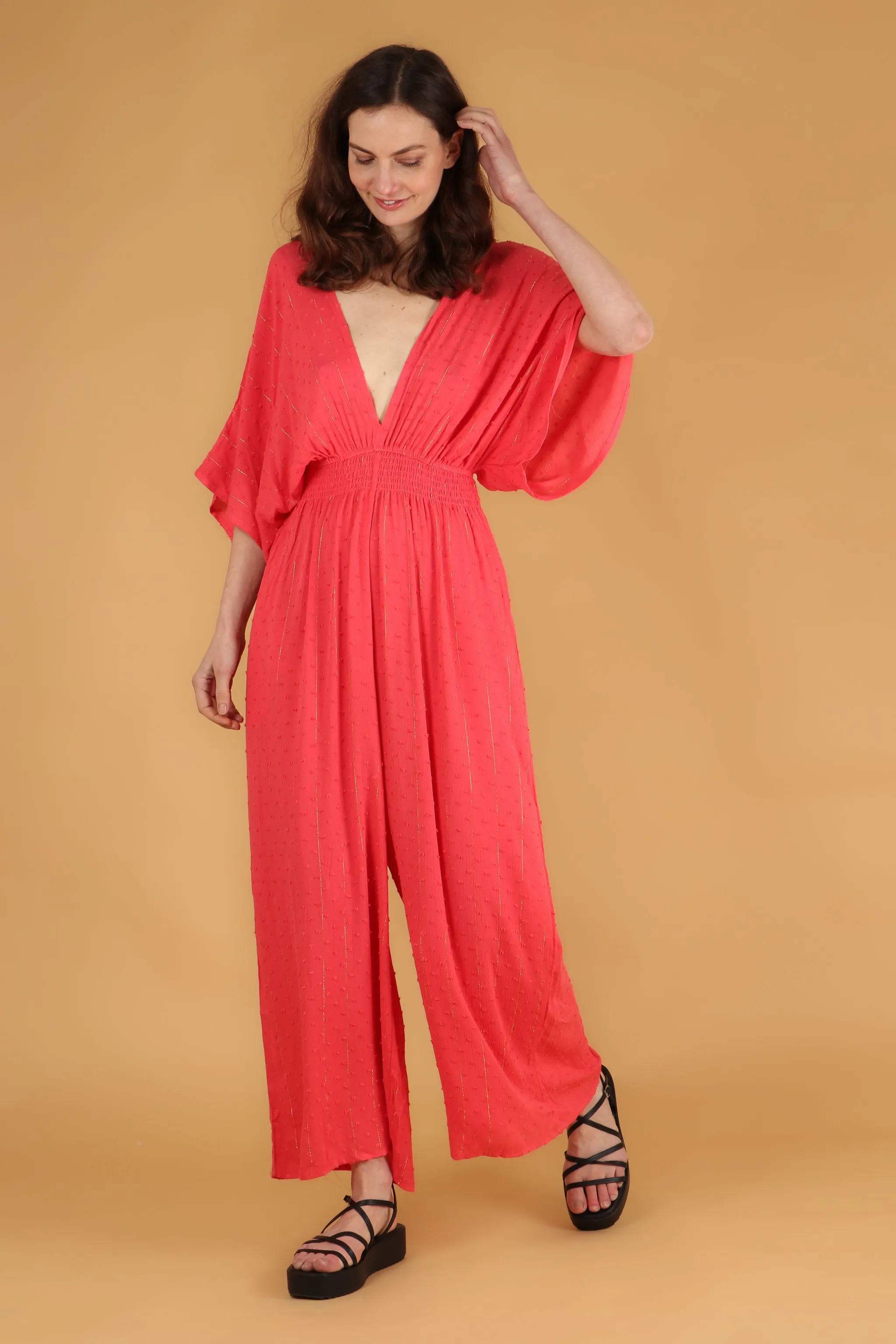 Jilly Deep V Jumpsuit - Coral, Dobby Stripe