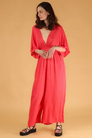 Jilly Deep V Jumpsuit - Coral, Dobby Stripe