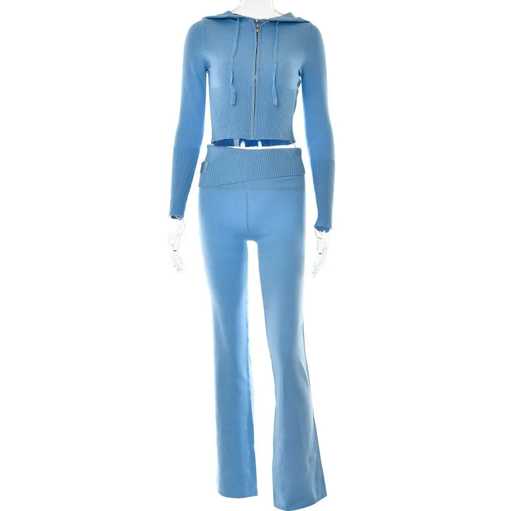 Knitted 2 Piece Sets Women Tracksuit Long Sleeve Zipper Hoodie Flare Pants Stylish Matching Outfit