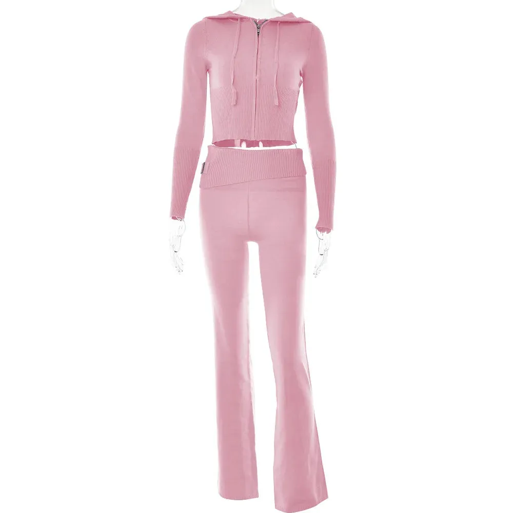 Knitted 2 Piece Sets Women Tracksuit Long Sleeve Zipper Hoodie Flare Pants Stylish Matching Outfit