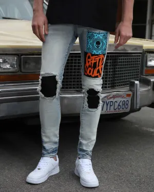 Light Wash Slim Fit Blue Jeans with Graffiti Patch-Mexico Local Delivery