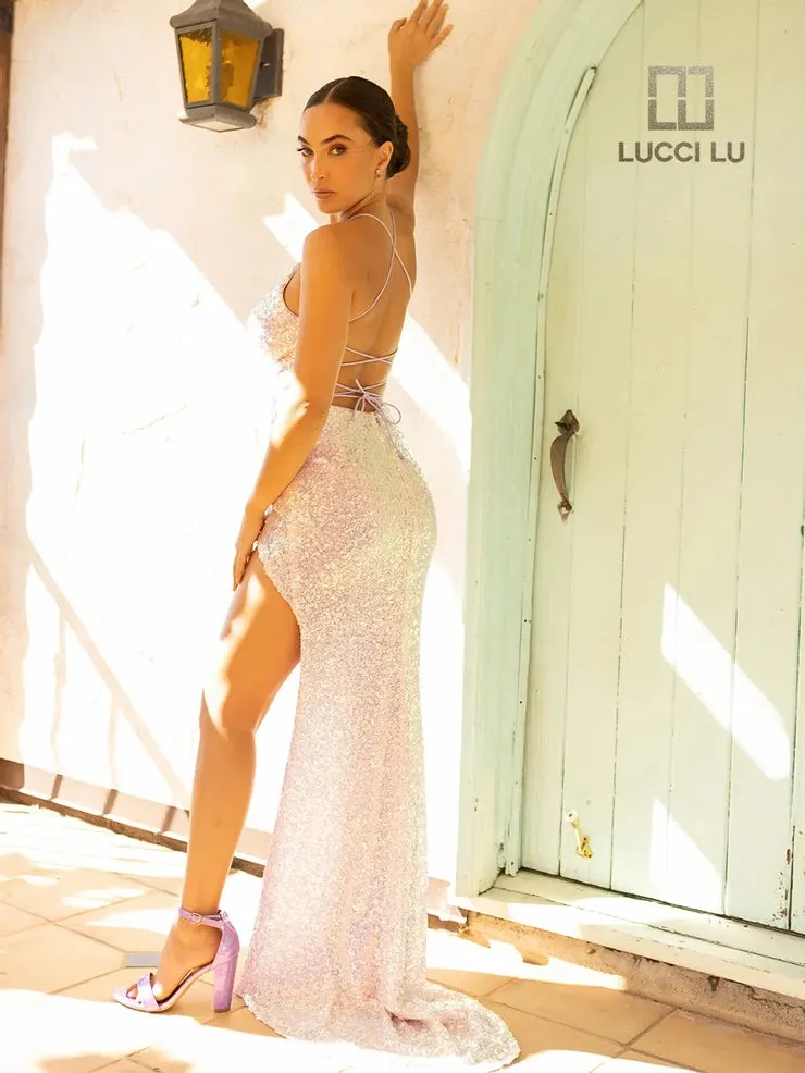 Lucci Lu 1248 Long Fitted Sequin Maxi Slit Backless Corset Prom Dress Formal Gown
