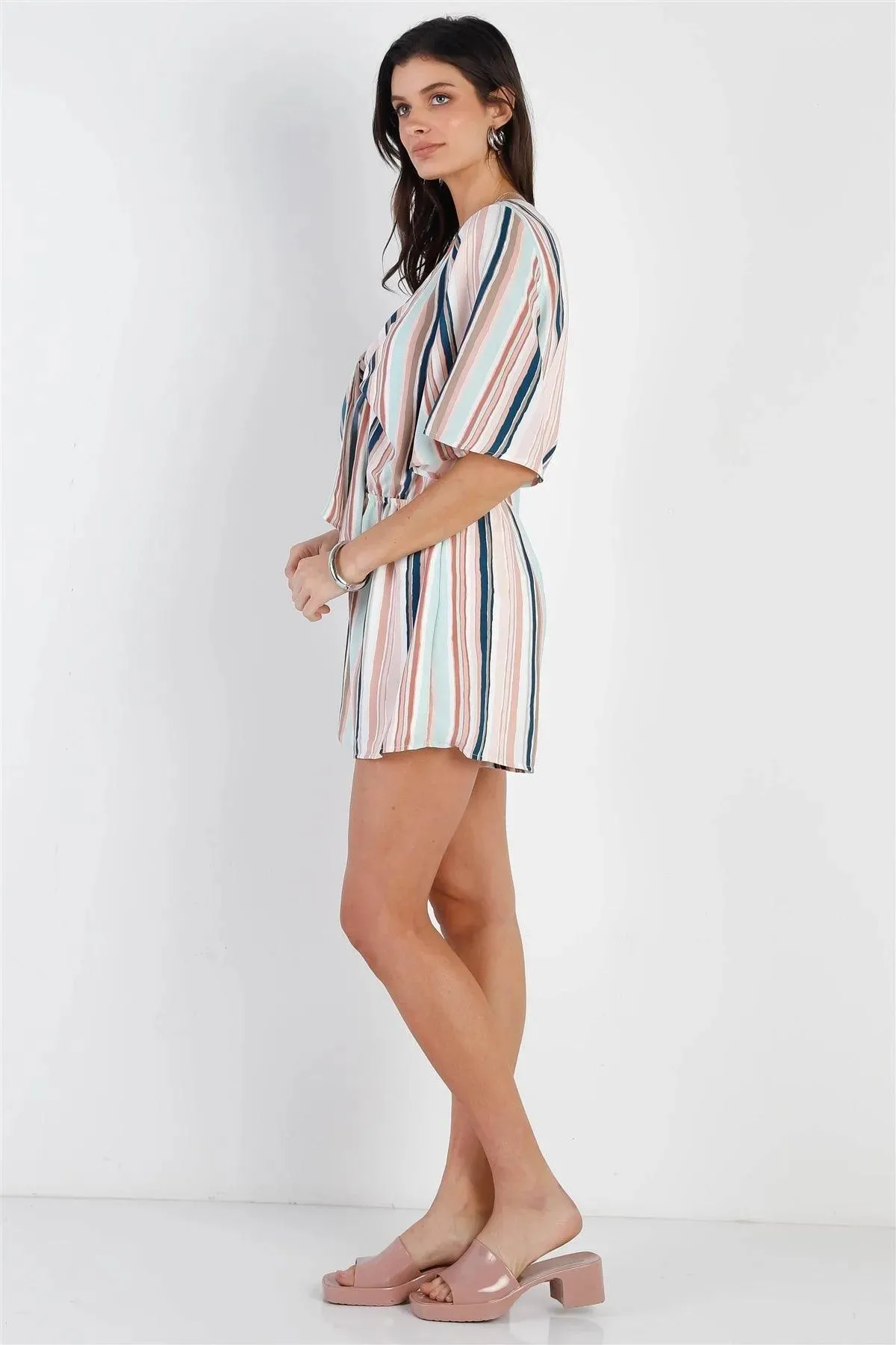 Pink & Navy Multi Color Stripe Front Tie Detail Midi Sleeve Romper /2-2-2