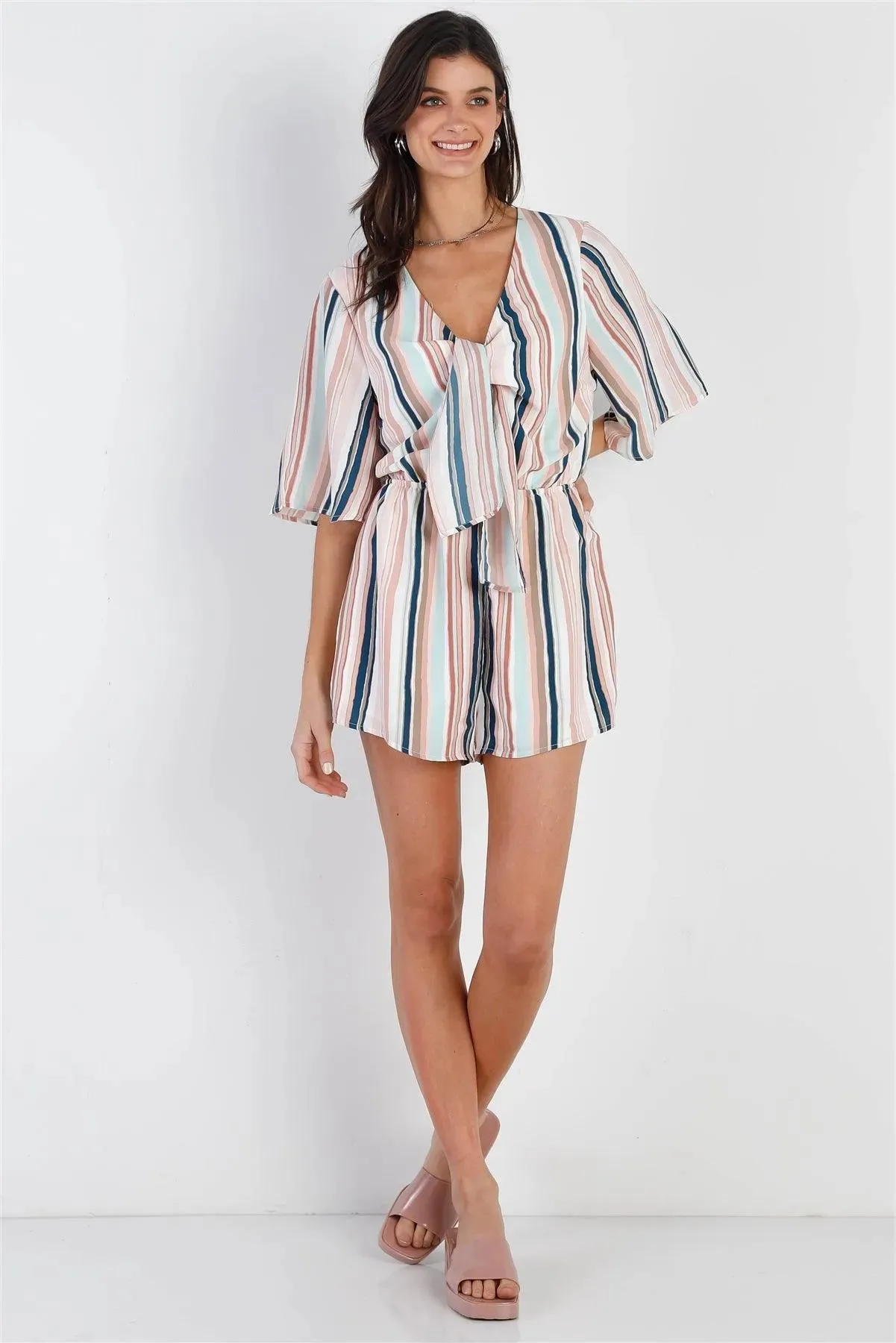 Pink & Navy Multi Color Stripe Front Tie Detail Midi Sleeve Romper /2-2-2