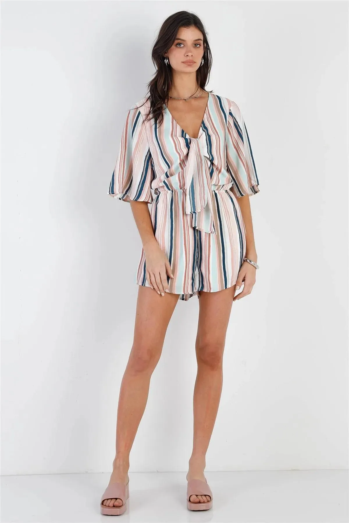 Pink & Navy Multi Color Stripe Front Tie Detail Midi Sleeve Romper /2-2-2