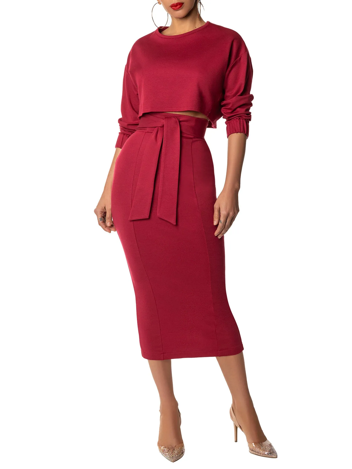 "Daphne" Burgundy Belted Pencil Skirt