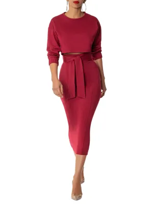 "Daphne" Burgundy Belted Pencil Skirt