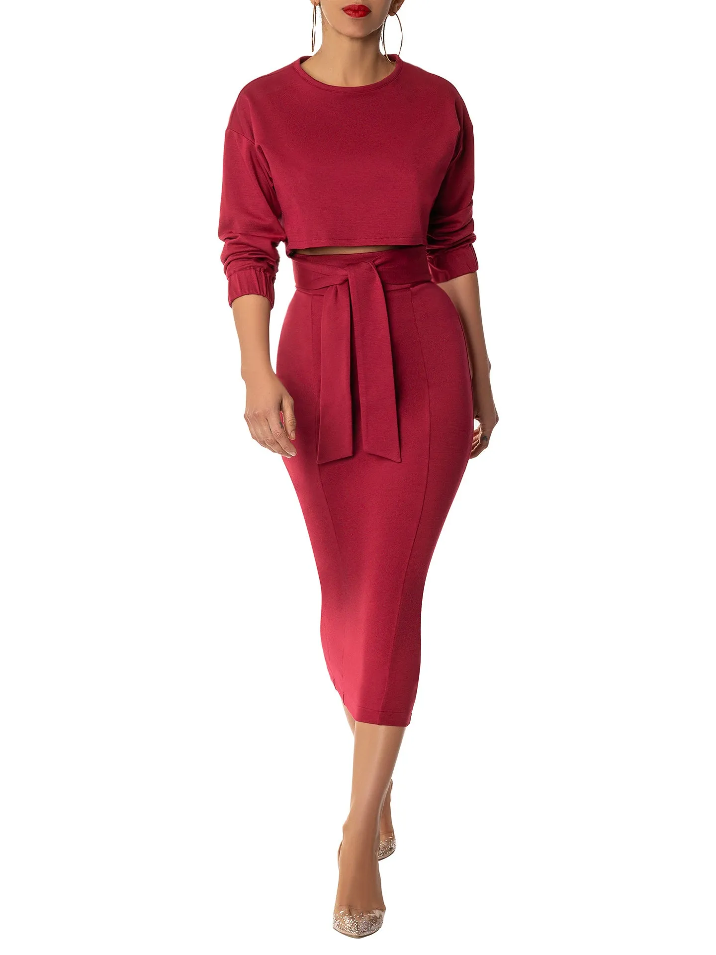 "Daphne" Burgundy Belted Pencil Skirt