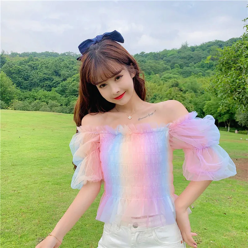 Rainbow Puff Sleeve Square Neck Mesh Blouse