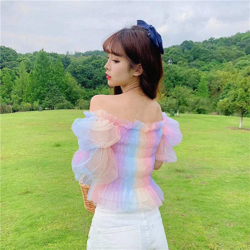 Rainbow Puff Sleeve Square Neck Mesh Blouse