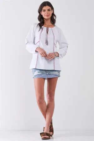 White Embroidery Round Neck Balloon Sleeve Blouse /2-2