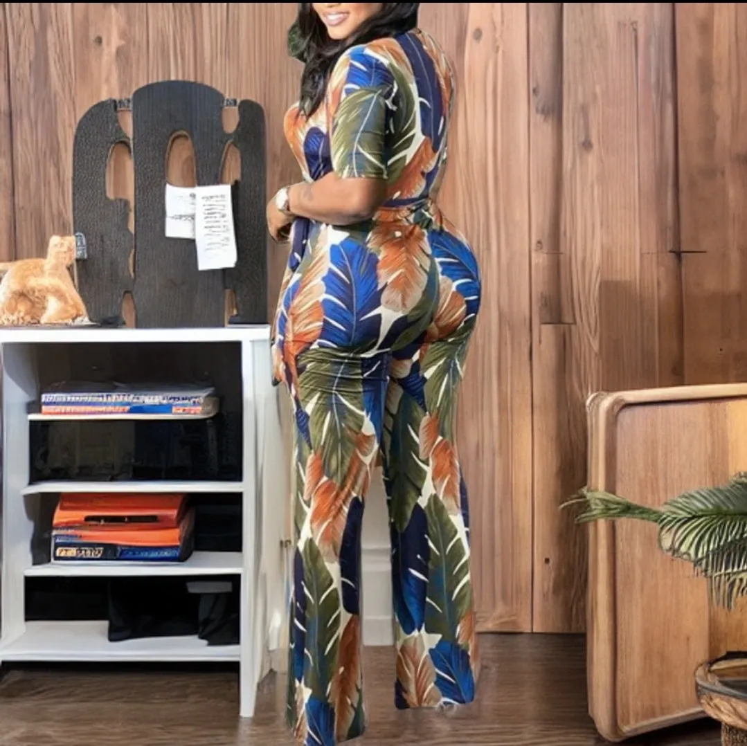 WOMEN "Leaf print V-neck jumpsuit"