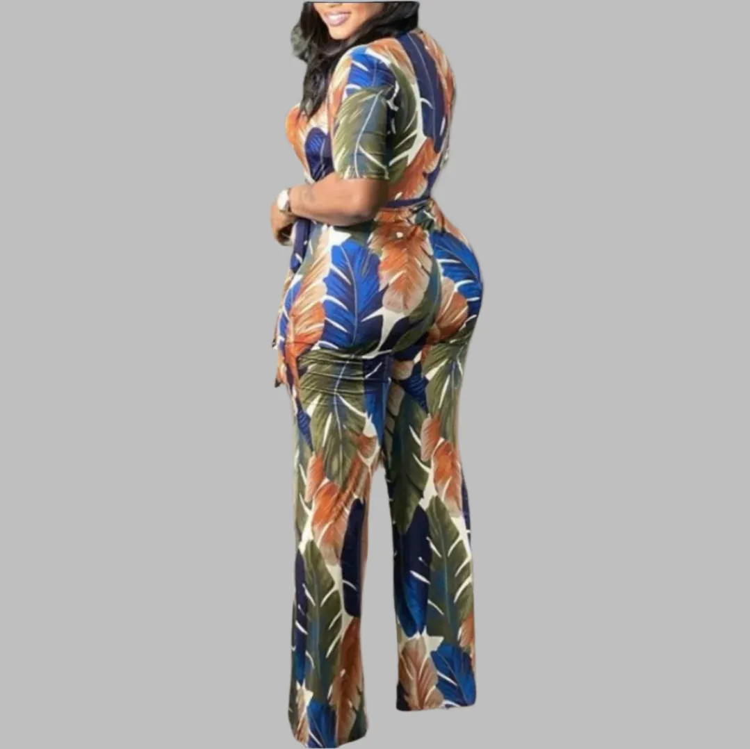 WOMEN "Leaf print V-neck jumpsuit"