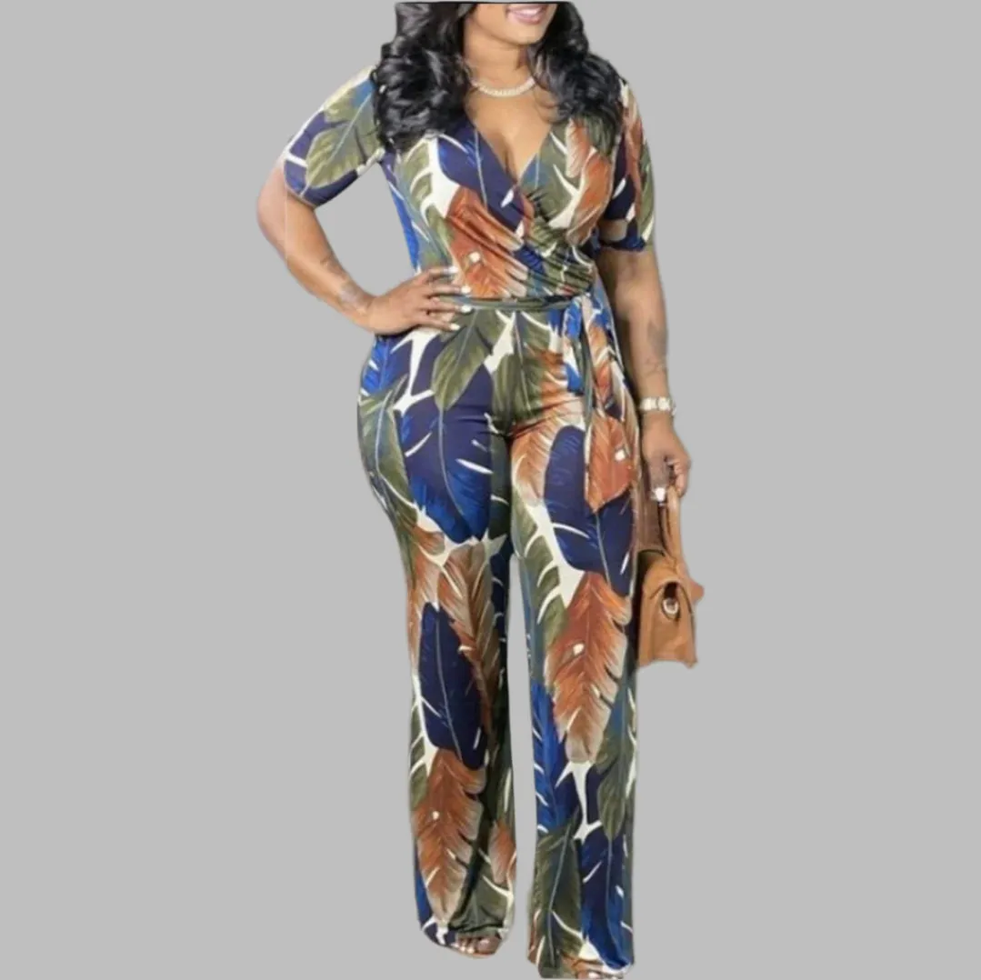 WOMEN "Leaf print V-neck jumpsuit"