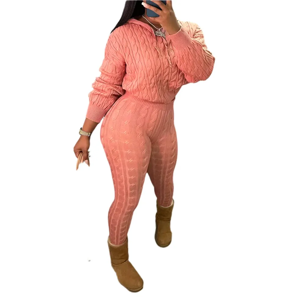 Women's 2-Piece Sexy Streetwear Set - Cable Knit Hooded Sweater & Pants for Autumn Winter Casual Fashion