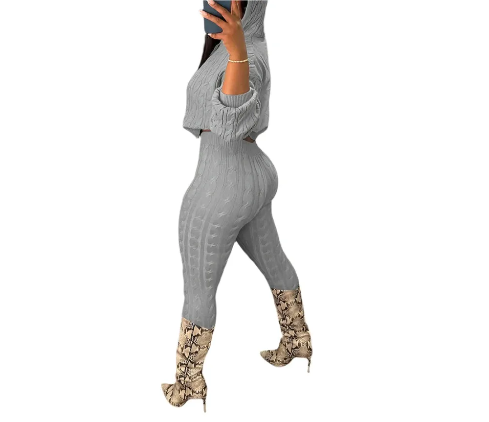 Women's 2-Piece Sexy Streetwear Set - Cable Knit Hooded Sweater & Pants for Autumn Winter Casual Fashion