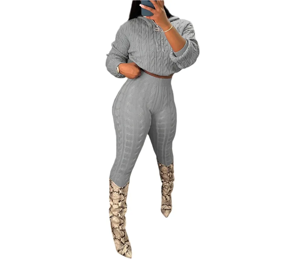 Women's 2-Piece Sexy Streetwear Set - Cable Knit Hooded Sweater & Pants for Autumn Winter Casual Fashion