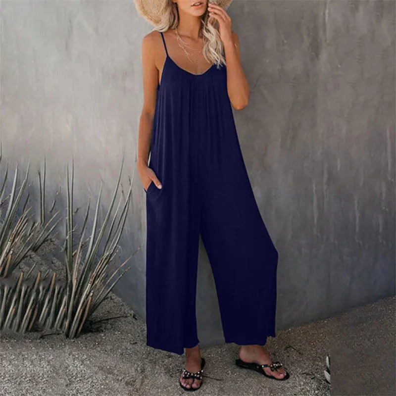 Women's Stretchy V-Neck Sleeveless Summer Jumpsuit with Pockets and Wide Legs | Ideal for Summer