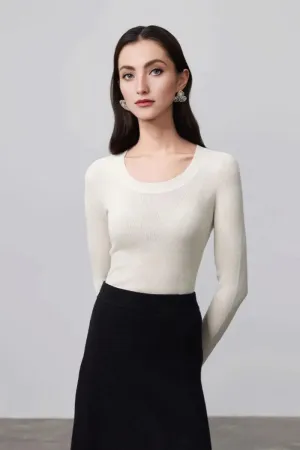 Wool Silk Seamless Knit U Neck Sweater